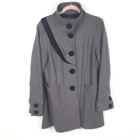 Lux Black Gray Wool Blend Button Peacoat Jacket L - Picture 2 of 8